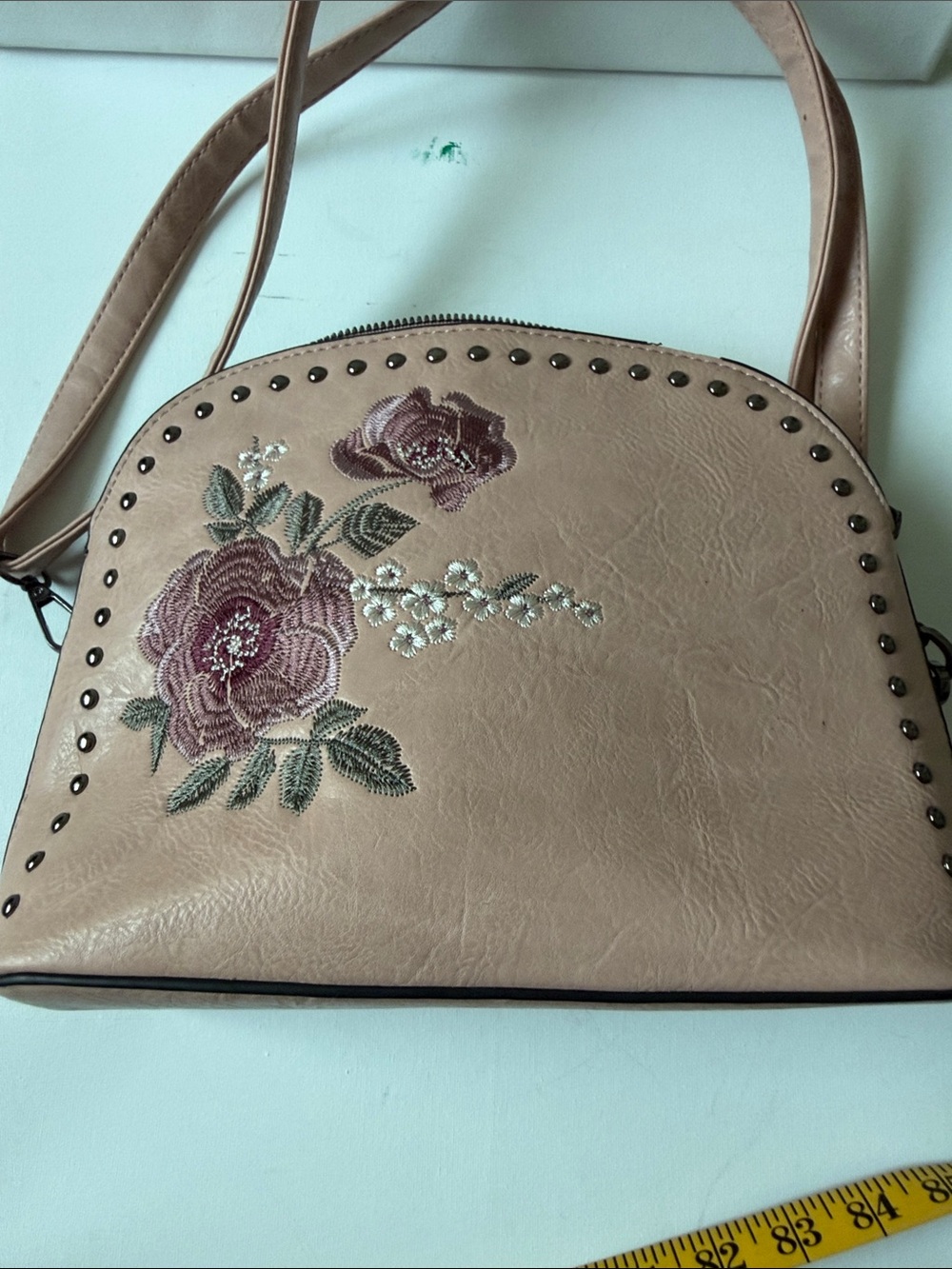 Floral Embroidered Blush Crossbody Bag with Stud Trim